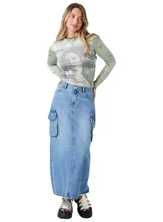 A-Line Cargo Denim Maxi Skirt 