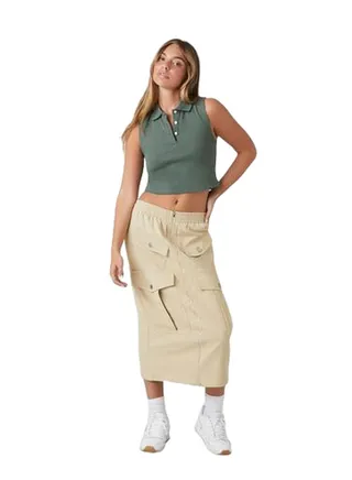 Zip-Front Cargo Midi Skirt 