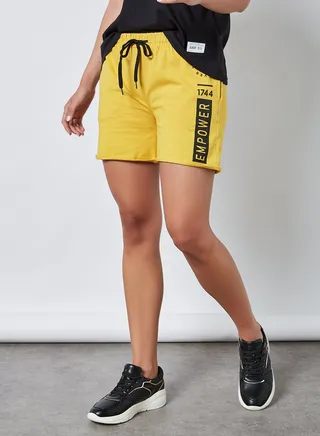 Printed Elastic Waistband Drawstring Mid Rise Shorts Yellow 