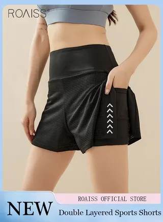 Fake Two-Piece Double-Layer Design Quick-Drying Yoga Shorts For Women'S Daily Fitness Sports Widened High-Waisted Shorts With Mobile Phones Inside 