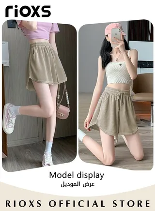 Women's Summer Casual Loose Shorts Solid Color High Waisted Wide Leg Shorts Striped Casual Slim Shorts 