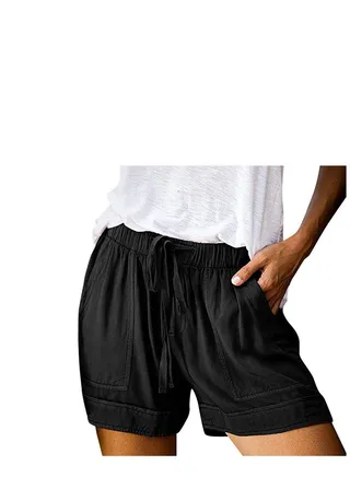 Shorts, Womens Drawstring Plus Size Shorts Comfy Casual Loose Elastic Waist Pocketed Summer Beach Women's Solid Color Lounge Pants with Pockets 