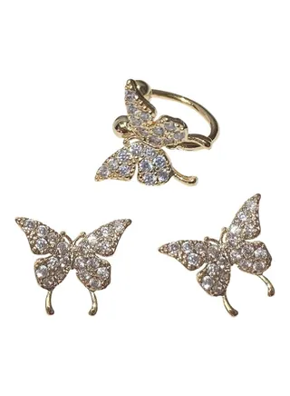 3-Piece 925 Silver Diamond Studded Butterfly Design Cuff Earrings 