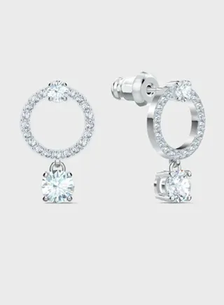 Attract Circle Pierced Earrings, White, Rhodium plated 