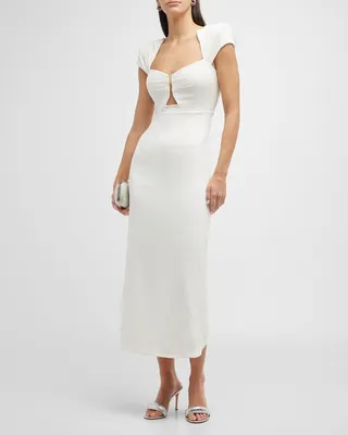 Plunging Cutout Strong-Shoulder Cady Midi Dress