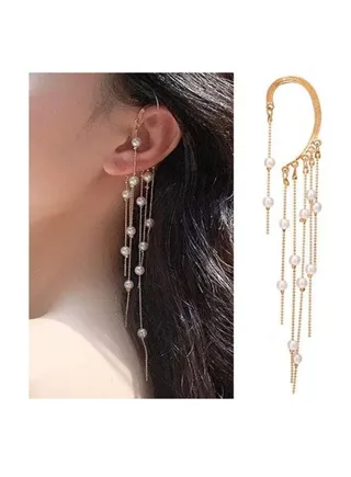 Single Ear Non-Piercing Clip Cuff Earring Super Long Pearl Tassel Dangle and Dropping Earring 1 Count 