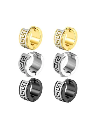 6Pcs Stainless Steel Great Wall Pattern Earrings, Men's Non Rusting, Non Discoloring, Sturdy and Durable Cool and Fashionable Earrings, Suitable for Wearing Gold Steel And Black In Any Occasion 
