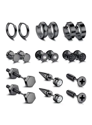 9 Pairs Men Earrings Studs Set Stainless Steel Small Hoop Earrings Set Fashion Huggie Earrings Piercing Jewelry 