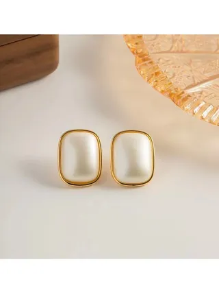 Geometric square white stud earrings 