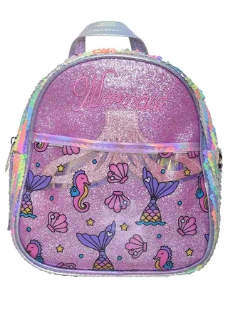 Backpack For Kids Girls Polyester Fabric With Sea Bride Tail Design And Sea Object Drawings With Straces 