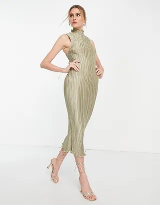 ASOS DESIGN satin plisse midi dress with high neck in sage