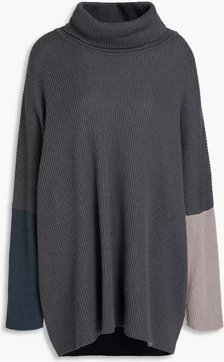 Color-block ribbed silk and cashmere-blend turtleneck sweater