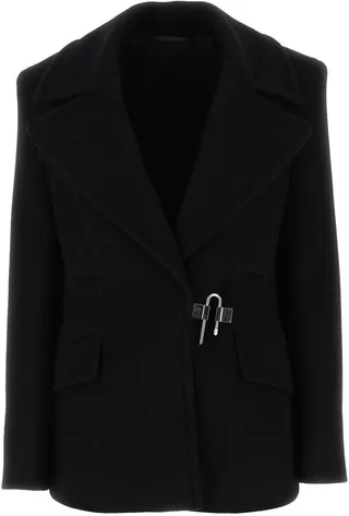 Cropped-cut coat realized in pure wool characterized by metal U-Lock buckle closure at the front.