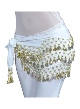 Chiffon Dangling Gold Coins Belly Dance Hip Wrap H-White/Gold 