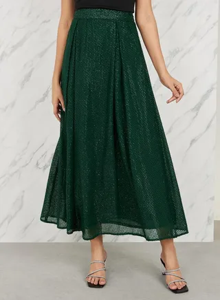 Dobby Textured Bow Pleat A-Line Maxi Skirt 