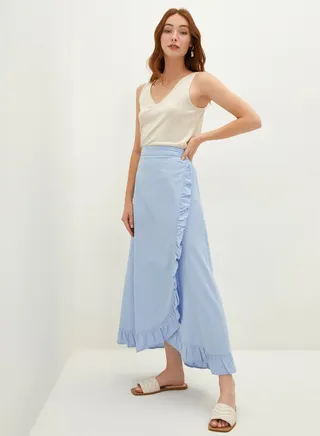 Classic Elastic Waist Frill Detailed Shaumbre Fabric Women's Skirt Blue 
