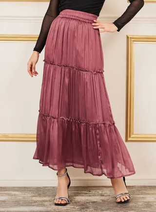Lurex Striped Ruffle Detail Tiered Maxi Skirt 