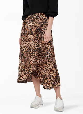 Leopard Print Overlap Front Skirt Black/Brown 