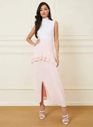 Textured Ruffle Front Slit Detail Maxi Skirt 