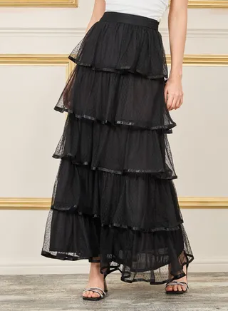 Swiss Dobby Mesh Layer Tiered Maxi Skirt 