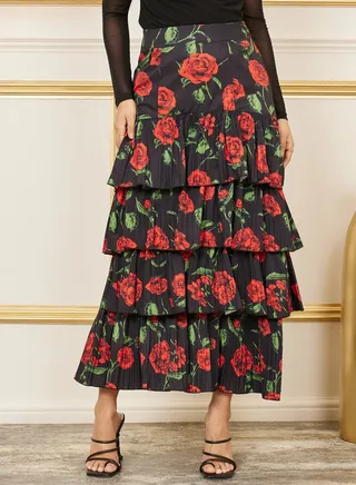 All Over Floral Print Flared Maxi Skirt 