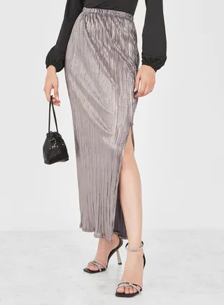 Plisse Side Slit Maxi Skirt 