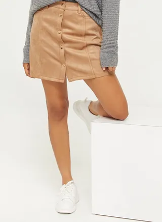 Mini Button Down Skirts In Micro Suede Beige 