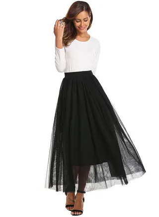 Waist Mesh Large Swing Pleated Skirt Black 