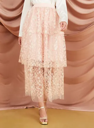 Embroidered Floral Layered Tulle Maxi Skirt 