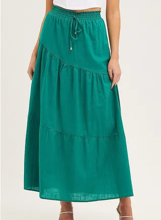 Women's Elastic High Waist A Line Layer Ruffle Swing Casual Long Maxi Skirt Green 