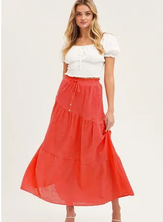 Women's Elastic High Waist A Line Layer Ruffle Swing Casual Long Maxi Skirt Orange 