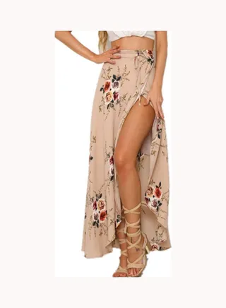 Boho Floral Printed Wrap Maxi Skirt Beige 