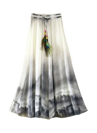 Chiffon Flower Print Maxi Long Skirt Grey 