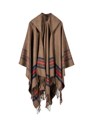 Women Knitted Poncho Hooded Stripe Oversized Cardigan Sweater Long Shawl Multicolour 