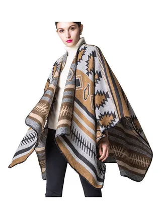 Geometrical Print Poncho Scarf Cardigan Sweater Khaki 