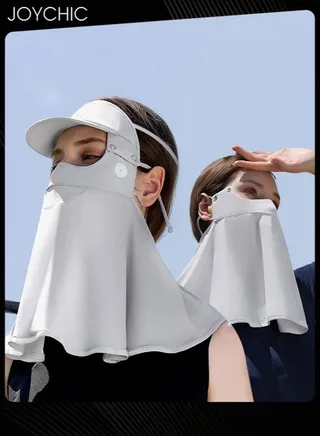 Summer Ice Silk Sun Protection Mask Full Face Women's Forehead and Neck Anti-UV Mask with Removable Brim Grey 
