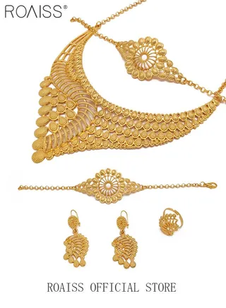 4-Piece Gold-plated Bride Wedding Wear Jewelry Set Necklace Bracelet Flower Earrings Ring for Women Golden 