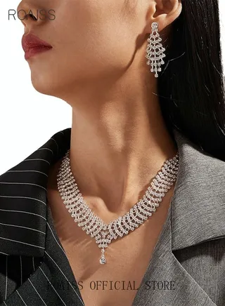 3Pcs Rhinestone Jewelry Set Shinning Necklace Zircon Earrings Pendant Dress Accessory Chic Gift for Women Ladies Mother Wife Bridesmaids Wedding Party Sliver 