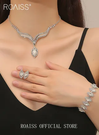 2 Piece Jewelry Set of Necklace and Earrings Shiny Leaves Chic Rhinestone Decor Jewellery Set for Women Ladies Gift for Girlfriend Wife Mother Bridesmaids Wedding Party Accessories 