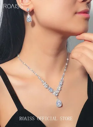 3Pcs Crystal Rhinestone Jewelry Set Stylish Elegant Water-drop Pendant Necklace Zircon Earrings Minimalist Gift for Women Ladies Mother Wife Wedding Party Sliver 