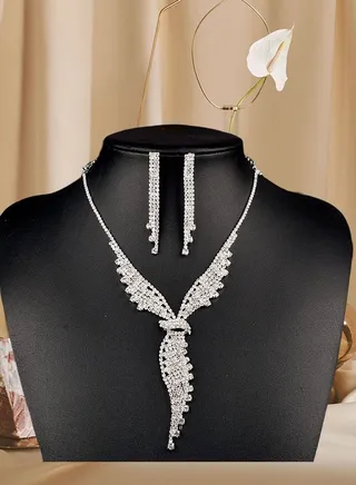 2 Piece Jewelry Set of Necklace and Earrings Shiny Tassels Diamond Chic Rhinestone Decor Jewellery Set for Women Ladies Gift for Girlfriend Wife Mother Bridesmaids Wedding Party Accessories 