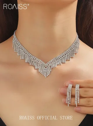 2 Piece Jewelry Set of Necklace and Earrings Shiny Tassels Diamond Chic Rhinestone Decor Jewellery Set for Women Ladies Gift for Girlfriend Wife Mother Bridesmaids Wedding Party Accessories 