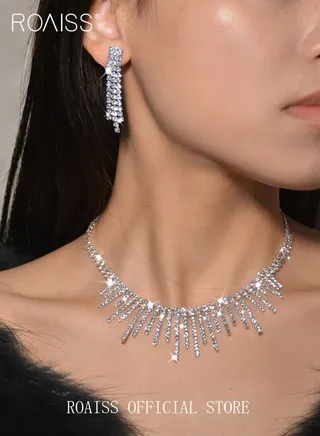 2 Piece Jewelry Set of Necklace and Earrings Shiny Tassels Diamond Chic Rhinestone Decor Jewellery Set for Women Ladies Gift for Girlfriend Wife Mother Bridesmaids Wedding Party Accessories 