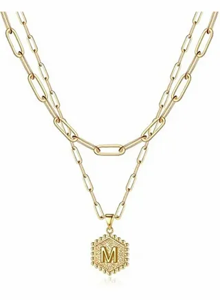 Gold Dainty Layered Initial Necklaces for Women 14K Gold Plated Paperclip Chain Necklace Simple Cute Hexagon Letter Pendant Initial Choker Necklace Gold Layered Necklaces 