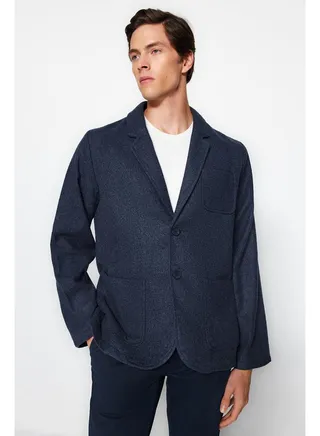 Limited Edition Navy Blue Men's Slim Standard Fit Cachet Thick Winter Blazer Jacket TMNAW24BC00000 