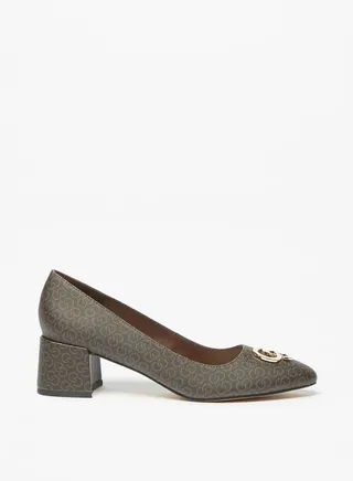 Women Monogram Print Slip On Shoes with Block Heels 