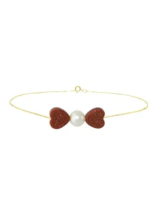18K Gold Sunstones And Pearl Heart Bow Bracelet 