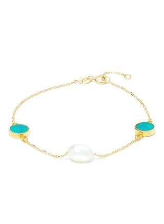 18 Karat Gold Turquoise And Pearl Three Stone Bracelet 