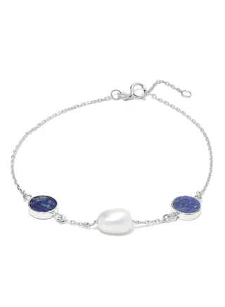 18 Karat White Gold Lapis Lazuli And Pearl Three Stone Bracelet 