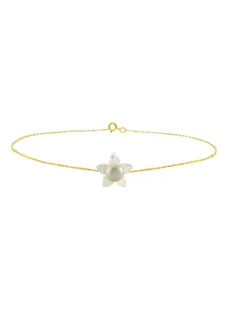 18 Karat Gold Mother Of Pearl Flower Shape With Pearl Chain Bracelet 